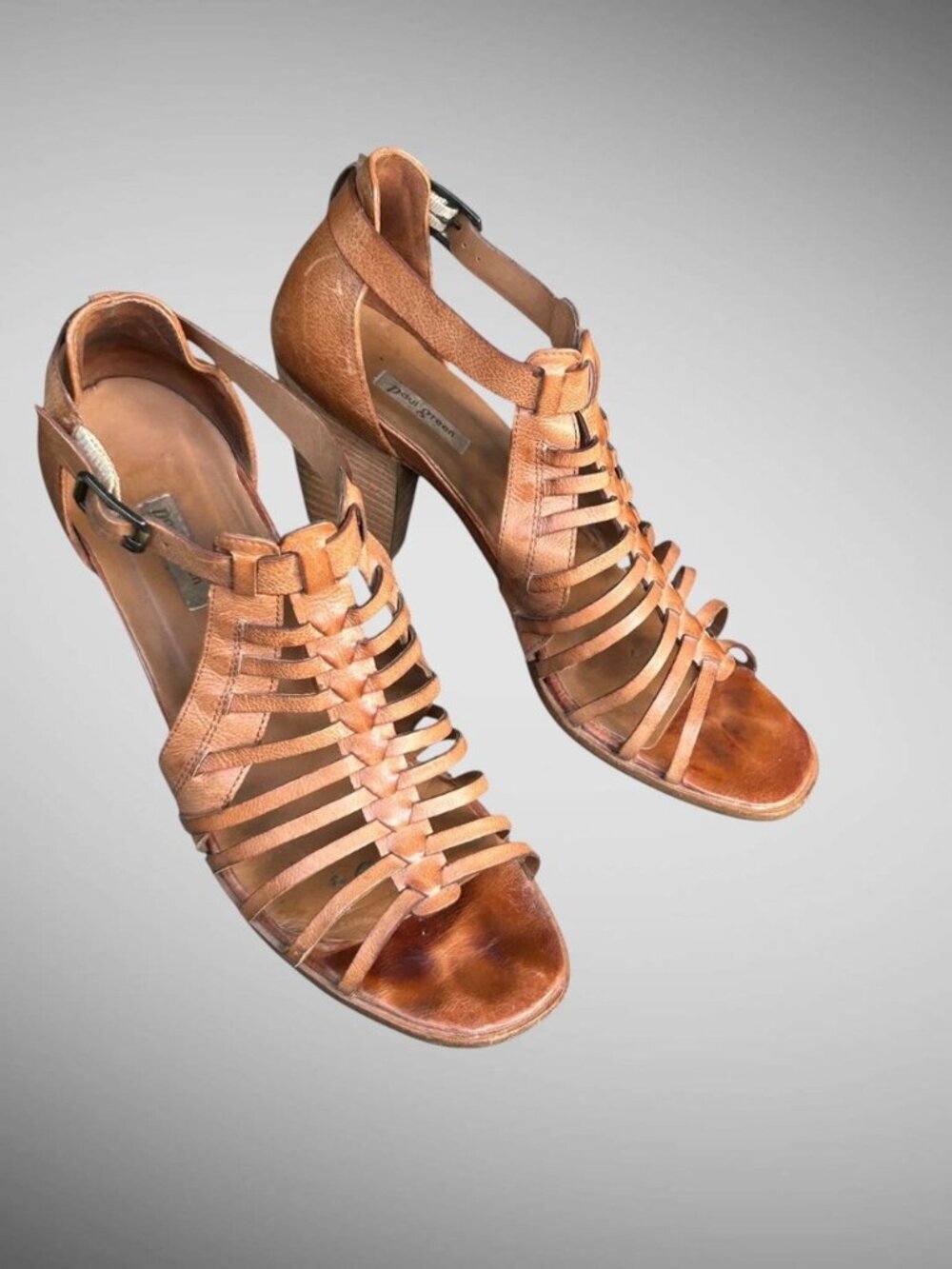 Paul Green Christy Camel Tan Leather Gladiator Sandals Stacked Heel Size 9.5 US